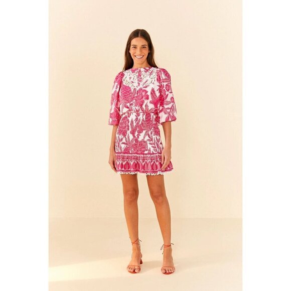 FARM RIO Tropical Woodcut Mini Dress in Pink Size Small - Picture 1 of 15